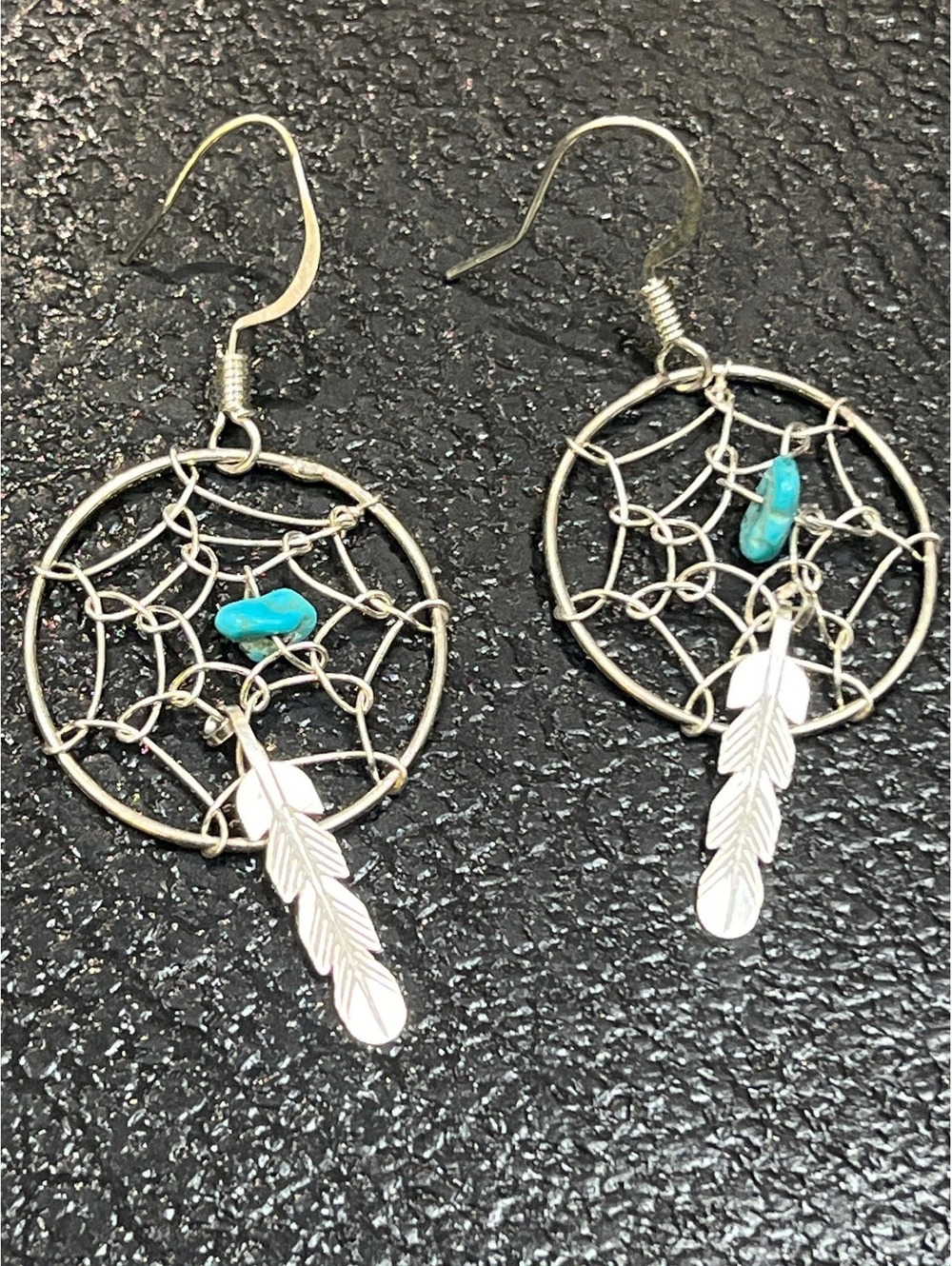 Navajo handmade sterling silver turquoise stone dreamcatcher earrings